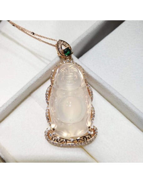 Rose Gold 925 Silver Inlaid White Chalcedony Standing Buddha Jade Pendant Men and Women Retro Maitreya Smiling Buddha Necklace Wear