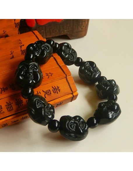 Natural Live Magnetic Health Dark Green Jade Bracelet Black Green Jade Luohan Buddha Beads Jade Bracelet Men and Women Models Laughing Buddha Jade Chain