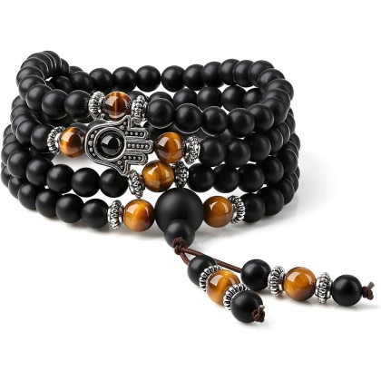 108 Mala Black Stone Hamsa Hand Bracelet Necklace