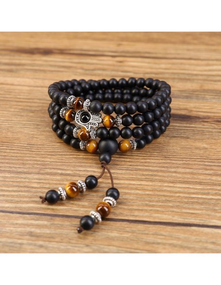 108 Mala Black Stone Hamsa Hand Bracelet Necklace