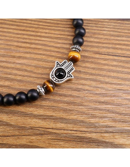 108 Mala Black Stone Hamsa Hand Bracelet Necklace