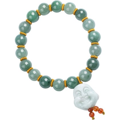 Laughing Buddha Jade Bracelet, Real Grade A Certified Burma Jadeite for Happiness and Wealth, Elastic Band