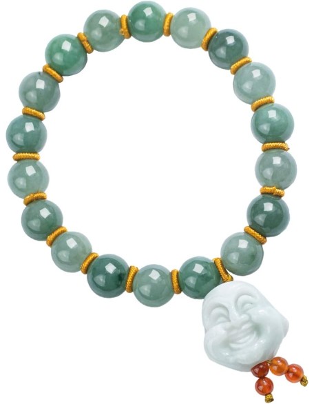 Laughing Buddha Jade Bracelet, Real Grade A Certified Burma Jadeite for Happiness and Wealth, Elastic Band