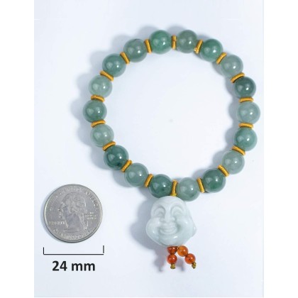 Laughing Buddha Jade Bracelet, Real Grade A Certified Burma Jadeite for Happiness and Wealth, Elastic Band