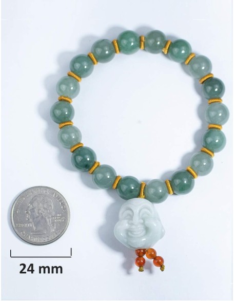 Laughing Buddha Jade Bracelet, Real Grade A Certified Burma Jadeite for Happiness and Wealth, Elastic Band