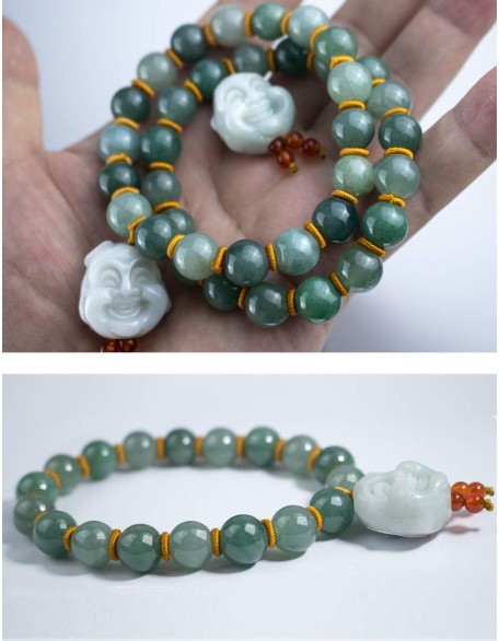 Laughing Buddha Jade Bracelet, Real Grade A Certified Burma Jadeite for Happiness and Wealth, Elastic Band