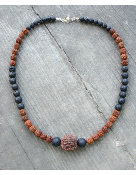 Rudraksha Necklace HANDMADE, Shiva Jewelry for Men Women, 5 Mukhi Face Energized Rudraksh Bead, Hindu Spiritual Protection Mala Necklace, Black Lava