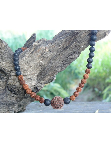 Rudraksha Necklace HANDMADE, Shiva Jewelry for Men Women, 5 Mukhi Face Energized Rudraksh Bead, Hindu Spiritual Protection Mala Necklace, Black Lava