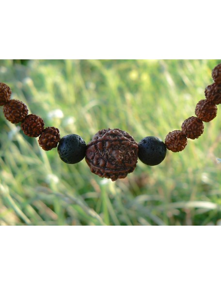 Rudraksha Necklace HANDMADE, Shiva Jewelry for Men Women, 5 Mukhi Face Energized Rudraksh Bead, Hindu Spiritual Protection Mala Necklace, Black Lava