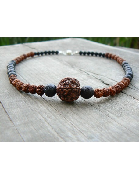 Rudraksha Necklace HANDMADE, Shiva Jewelry for Men Women, 5 Mukhi Face Energized Rudraksh Bead, Hindu Spiritual Protection Mala Necklace, Black Lava