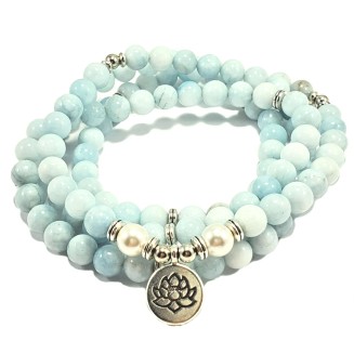 108 Mala Beads Mint Aquamarine & Lotus Charm POWERFUL EMOTIONAL HEALER Real Natural Stones Stretchy Yoga Bracelet Meditation Chakra Necklace US HANDMADE