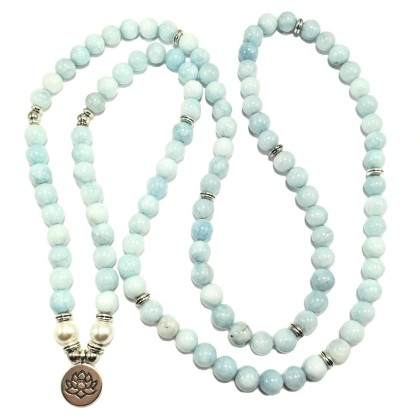 108 Mala Beads Mint Aquamarine & Lotus Charm POWERFUL EMOTIONAL HEALER Real Natural Stones Stretchy Yoga Bracelet Meditation Chakra Necklace US HANDMADE