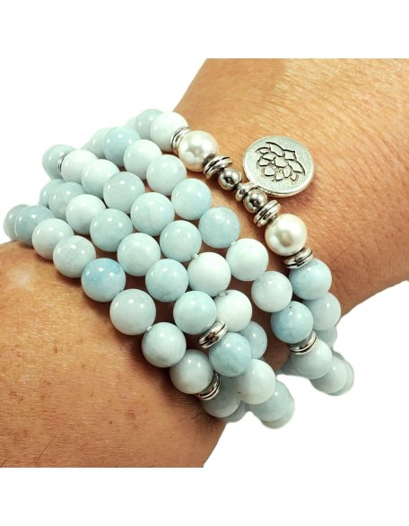 108 Mala Beads Mint Aquamarine & Lotus Charm POWERFUL EMOTIONAL HEALER Real Natural Stones Stretchy Yoga Bracelet Meditation Chakra Necklace US HANDMADE