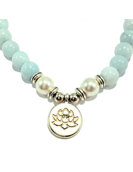 108 Mala Beads Mint Aquamarine & Lotus Charm POWERFUL EMOTIONAL HEALER Real Natural Stones Stretchy Yoga Bracelet Meditation Chakra Necklace US HANDMADE