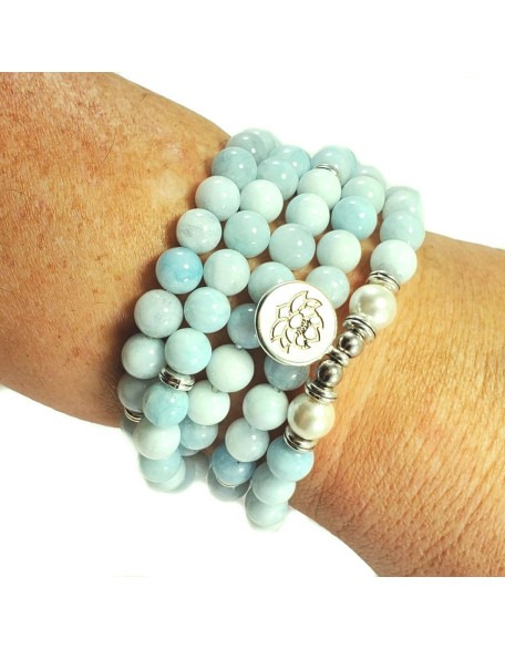 108 Mala Beads Mint Aquamarine & Lotus Charm POWERFUL EMOTIONAL HEALER Real Natural Stones Stretchy Yoga Bracelet Meditation Chakra Necklace US HANDMADE