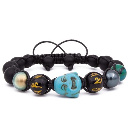 Blue Smiling Buddha, Unisex Mens Beads Bracelet, Macrame Bracelet w/Swarovski Elements Black Onyx, Blue Turquoise, Mala, Mantra, Yoga Bracelet Crux Crystals