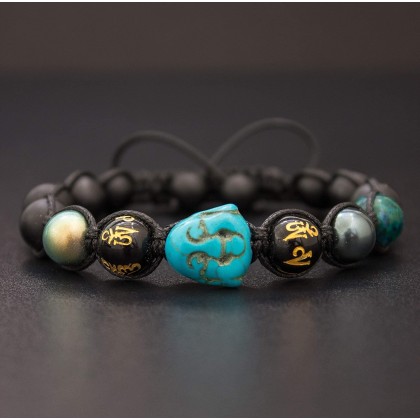 Blue Smiling Buddha, Unisex Mens Beads Bracelet, Macrame Bracelet w/Swarovski Elements Black Onyx, Blue Turquoise, Mala, Mantra, Yoga Bracelet Crux Crystals