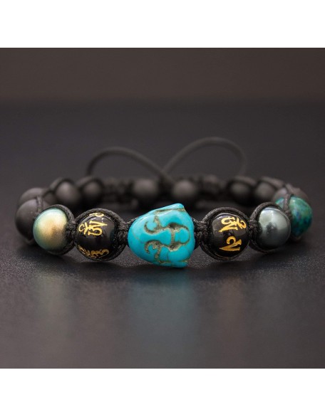 Blue Smiling Buddha, Unisex Mens Beads Bracelet, Macrame Bracelet w/Swarovski Elements Black Onyx, Blue Turquoise, Mala, Mantra, Yoga Bracelet Crux Crystals