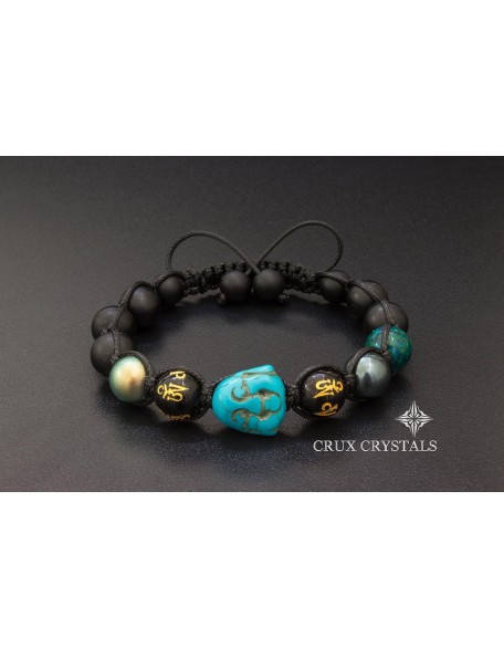 Blue Smiling Buddha, Unisex Mens Beads Bracelet, Macrame Bracelet w/Swarovski Elements Black Onyx, Blue Turquoise, Mala, Mantra, Yoga Bracelet Crux Crystals