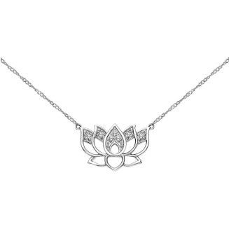 Diamond Lotus Flower Necklace in 925 Sterling Silver, 1/10ct (I-J Color, I3 Clarity), 17 inch