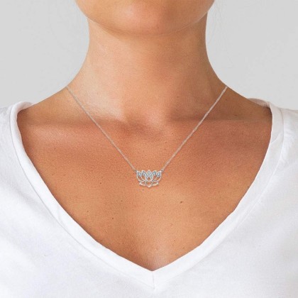 Diamond Lotus Flower Necklace in 925 Sterling Silver, 1/10ct (I-J Color, I3 Clarity), 17 inch