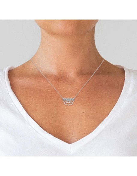 Diamond Lotus Flower Necklace in 925 Sterling Silver, 1/10ct (I-J Color, I3 Clarity), 17 inch