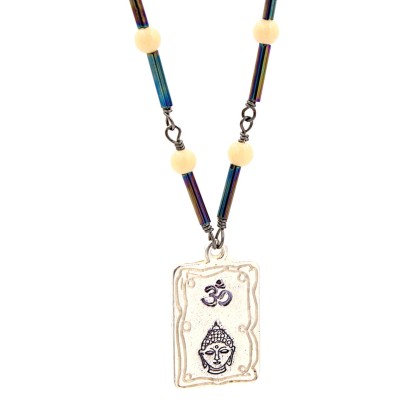 Om Buddha Hand Stamped Frame Pendant Necklace -Hand Crafted Cream Rainbow Iris Beaded Chain 19-in