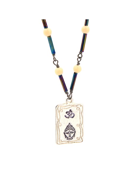 Om Buddha Hand Stamped Frame Pendant Necklace -Hand Crafted Cream Rainbow Iris Beaded Chain 19-in