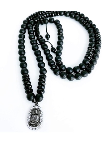 Men's 30" Black Onyx + Faceted Obsidian Necklace + Rhodium Buddha Pendant