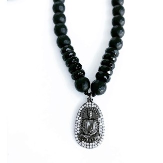 Men's 30" Black Onyx + Faceted Obsidian Necklace + Rhodium Buddha Pendant