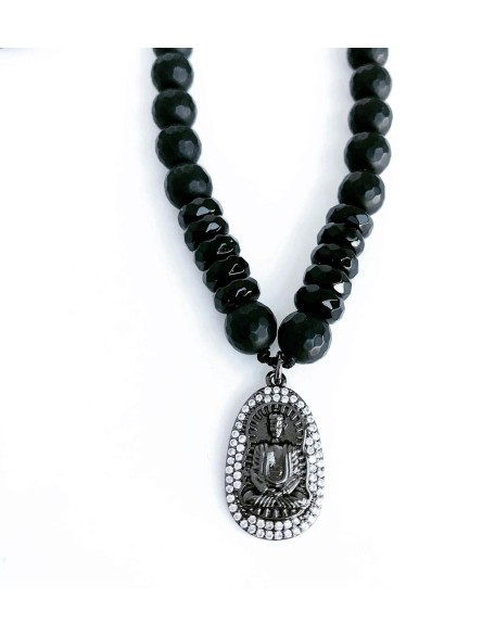 Men's 30" Black Onyx + Faceted Obsidian Necklace + Rhodium Buddha Pendant