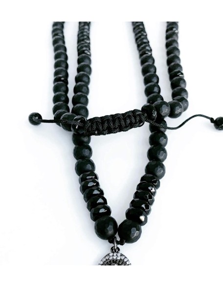 Men's 30" Black Onyx + Faceted Obsidian Necklace + Rhodium Buddha Pendant