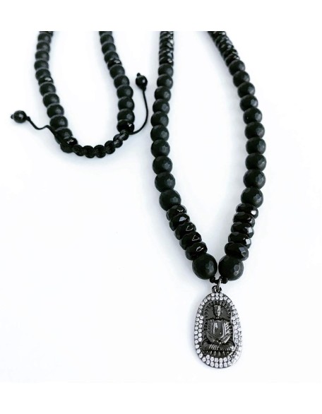 Men's 30" Black Onyx + Faceted Obsidian Necklace + Rhodium Buddha Pendant