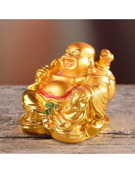 Resin Feng Shui Golden Laughing Sitting Buddha Colorful Statue Wealth Luck Home Desk Decoration Gift 2.2'' (H) TQZDBS63