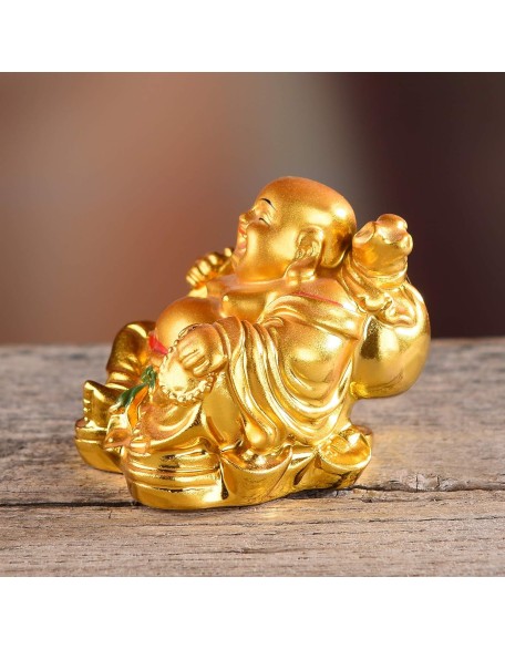 Resin Feng Shui Golden Laughing Sitting Buddha Colorful Statue Wealth Luck Home Desk Decoration Gift 2.2'' (H) TQZDBS63