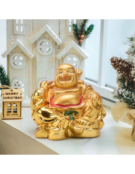 Resin Feng Shui Golden Laughing Sitting Buddha Colorful Statue Wealth Luck Home Desk Decoration Gift 2.2'' (H) TQZDBS63