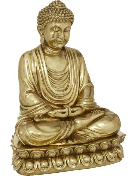 Polystone Buddha Decorative Sculpture Meditating Home Decor Statue with Engraved Carvings and Relief Detailing, Accent Figurine 12" x 9" x 16", Gold