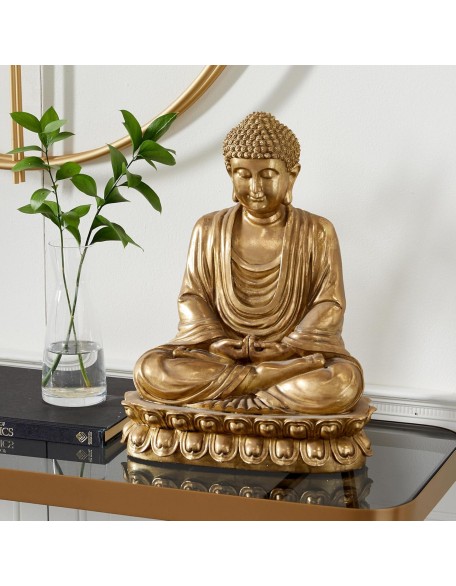 Polystone Buddha Decorative Sculpture Meditating Home Decor Statue with Engraved Carvings and Relief Detailing, Accent Figurine 12" x 9" x 16", Gold