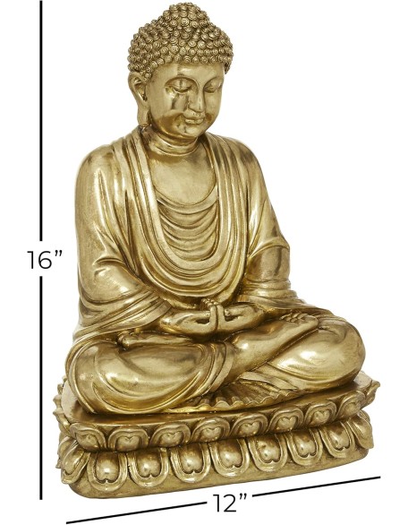 Polystone Buddha Decorative Sculpture Meditating Home Decor Statue with Engraved Carvings and Relief Detailing, Accent Figurine 12" x 9" x 16", Gold