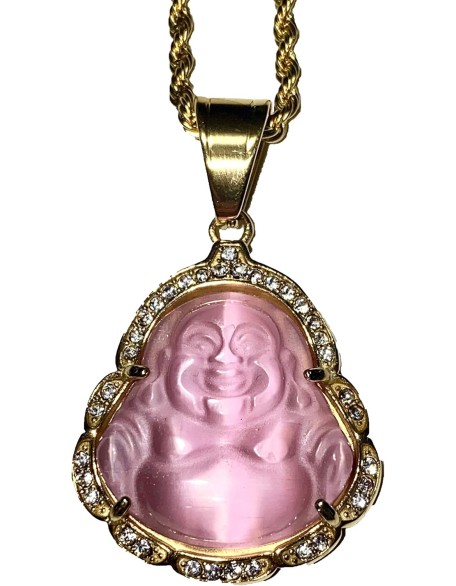 Laughing Buddha Pink Jade Iced Diamond Pendant Necklace Rope Chain Genuine Certified Grade A Jadeite Jade Hand Crafted, Natural Green Obsidian Healing Crystal Buddha Mala Statue Prayer Necklace