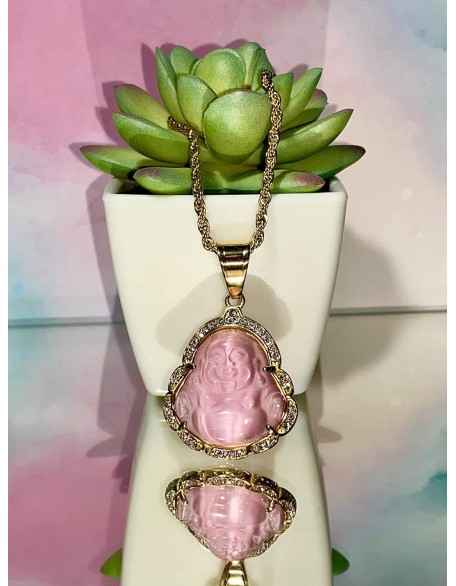 Laughing Buddha Pink Jade Iced Diamond Pendant Necklace Rope Chain Genuine Certified Grade A Jadeite Jade Hand Crafted, Natural Green Obsidian Healing Crystal Buddha Mala Statue Prayer Necklace