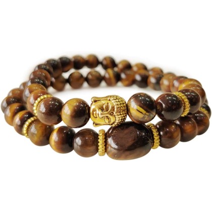 Tiger Eye Stone Buddha Double Fold Bracelet,Double Men's Gemstone Mala Wrap,Double Wrap Buddha Head Natural Healing Bracelet, Beaded Bracelet, Mala Bracelet for Men & Women (Brown)