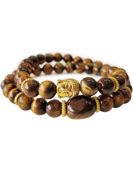 Tiger Eye Stone Buddha Double Fold Bracelet,Double Men's Gemstone Mala Wrap,Double Wrap Buddha Head Natural Healing Bracelet, Beaded Bracelet, Mala Bracelet for Men & Women (Brown)