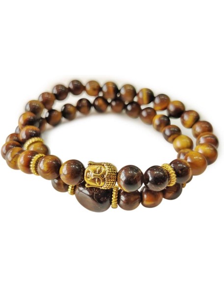 Tiger Eye Stone Buddha Double Fold Bracelet,Double Men's Gemstone Mala Wrap,Double Wrap Buddha Head Natural Healing Bracelet, Beaded Bracelet, Mala Bracelet for Men & Women (Brown)