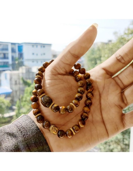 Tiger Eye Stone Buddha Double Fold Bracelet,Double Men's Gemstone Mala Wrap,Double Wrap Buddha Head Natural Healing Bracelet, Beaded Bracelet, Mala Bracelet for Men & Women (Brown)