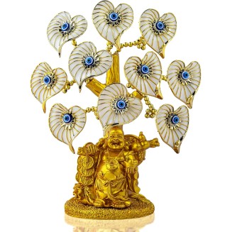 Blue Evil Eye Money Tree with Painted Golden Buddha Statue White Artificial Flowers Home Office Protection Decoration Feng Shui Ornament