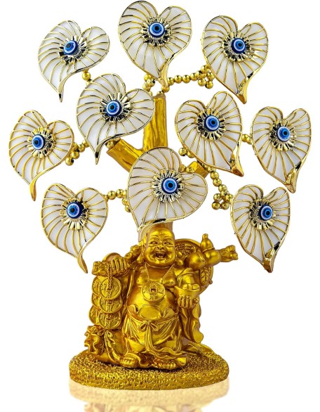 Blue Evil Eye Money Tree with Painted Golden Buddha Statue White Artificial Flowers Home Office Protection Decoration Feng Shui Ornament