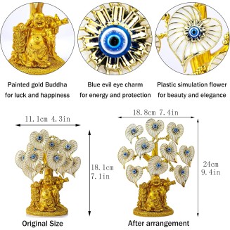 Blue Evil Eye Money Tree with Painted Golden Buddha Statue White Artificial Flowers Home Office Protection Decoration Feng Shui Ornament