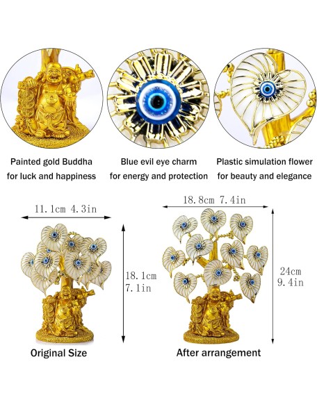 Blue Evil Eye Money Tree with Painted Golden Buddha Statue White Artificial Flowers Home Office Protection Decoration Feng Shui Ornament