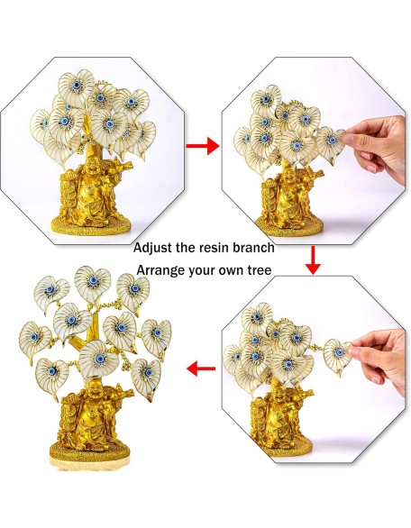 Blue Evil Eye Money Tree with Painted Golden Buddha Statue White Artificial Flowers Home Office Protection Decoration Feng Shui Ornament